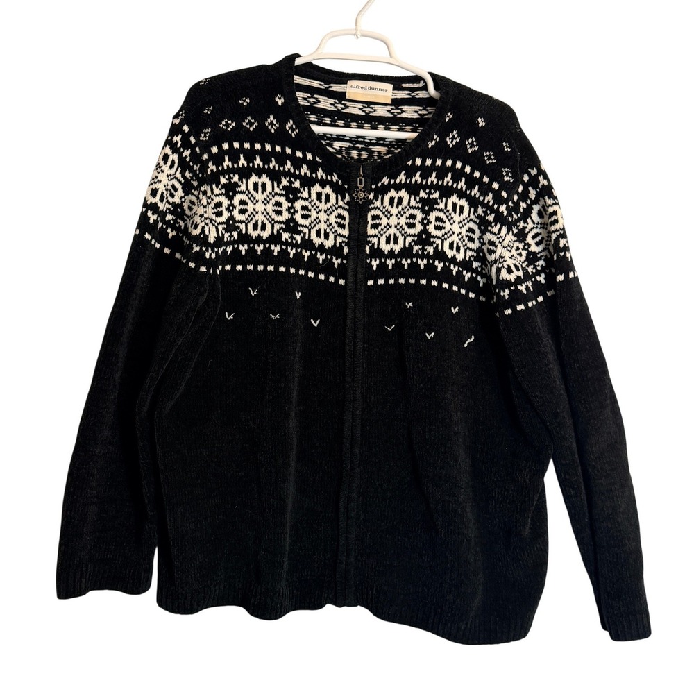 Alfred Dunner Womens Fair Isle Snowflake Chenille Zip Cardigan Sweater Black 2XL